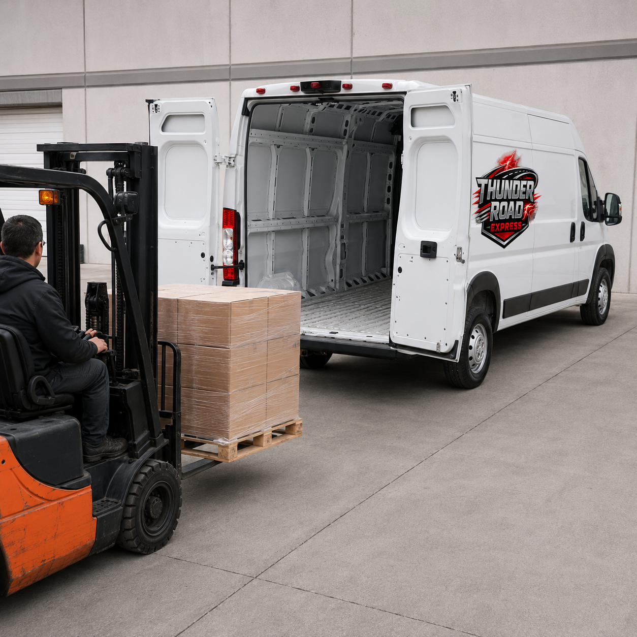 Thunder Road Express cargo van loading a wrapped pallet of business freight with a pallet jack